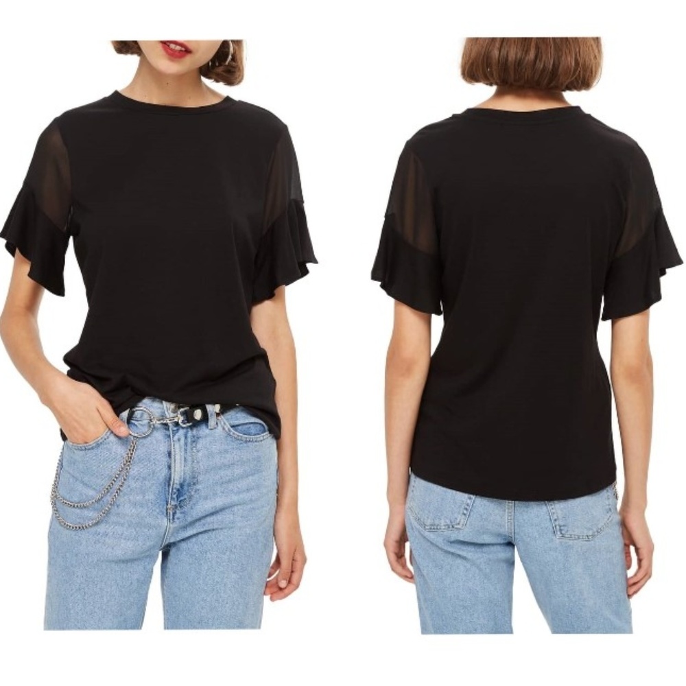TOPSHOP Sheer Sleeve Tee in Black Size 10